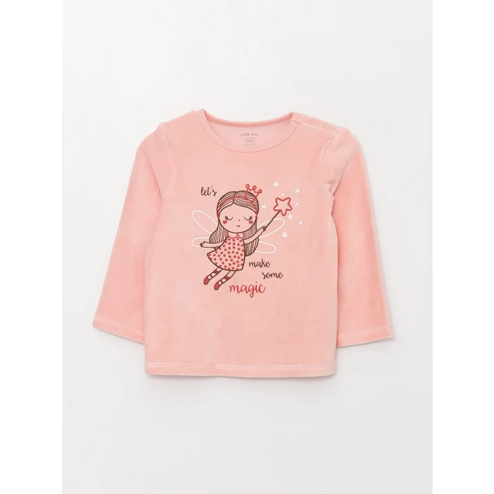 LCW baby Pembe Bisiklet Yaka Uzun Kollu Baskılı Kadife Kız Bebek Pijama Takımı