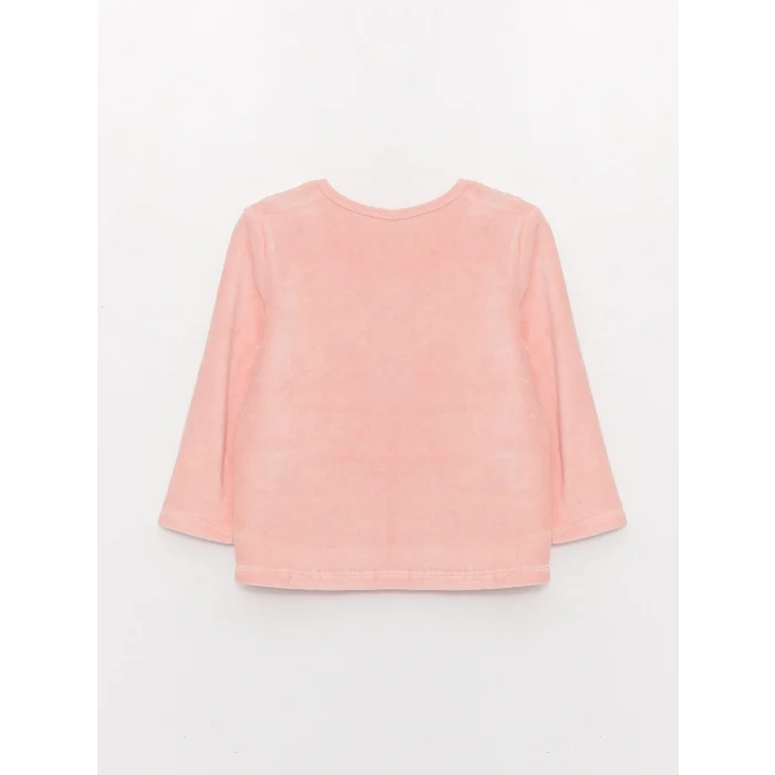 LCW baby Pembe Bisiklet Yaka Uzun Kollu Baskılı Kadife Kız Bebek Pijama Takımı