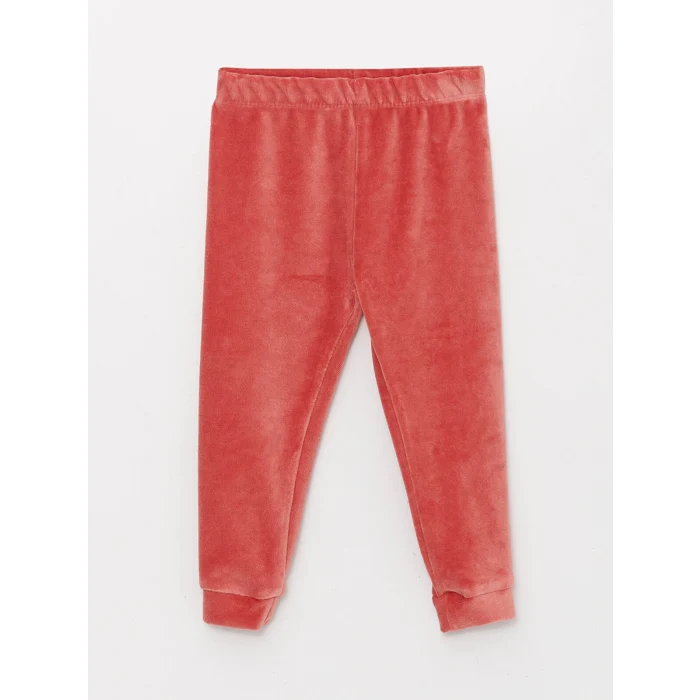 LCW baby Pembe Bisiklet Yaka Uzun Kollu Baskılı Kadife Kız Bebek Pijama Takımı