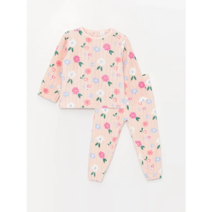 LCW baby Pembe Bisiklet Yaka Uzun Kollu Desenli Pelüş Kız Bebek Pijama Takımı