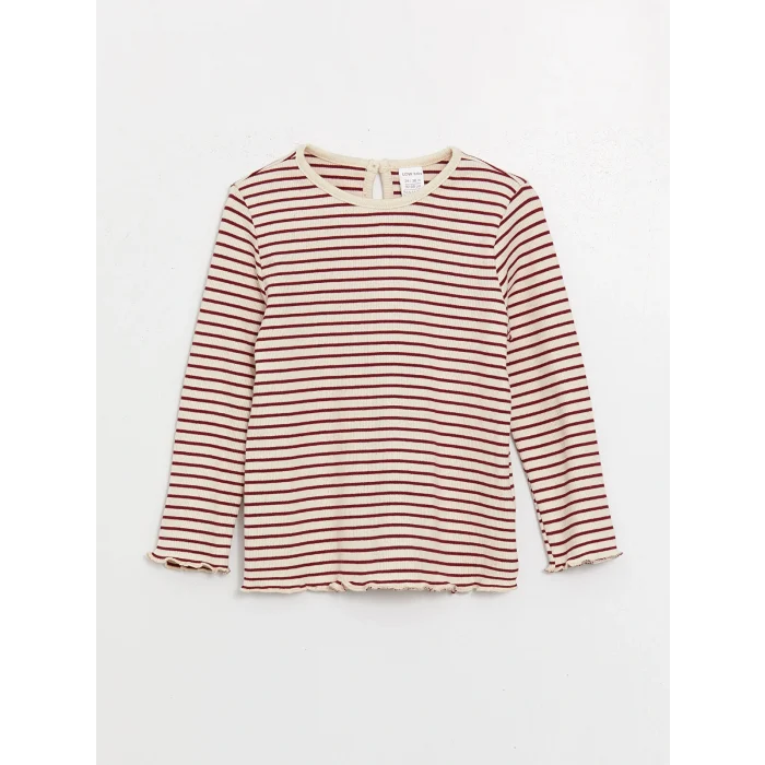 LCW baby Kırmızı Bisiklet Yaka Uzun Kollu Çizgili Kız Bebek Tişört