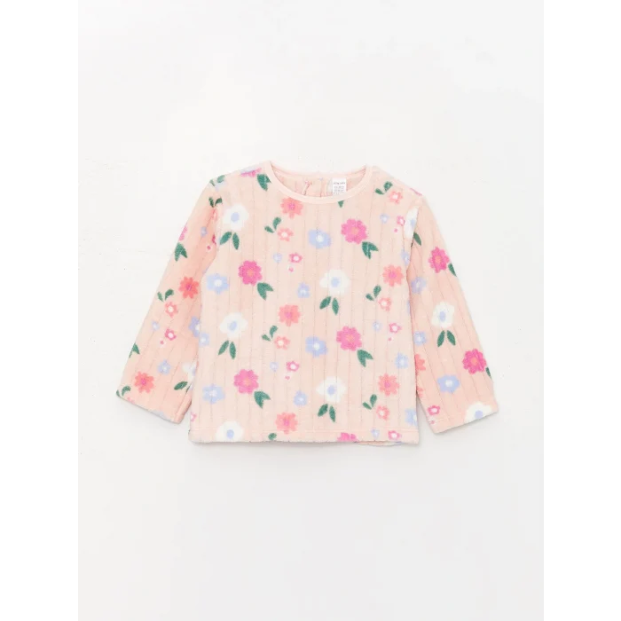 LCW baby Pembe Bisiklet Yaka Uzun Kollu Desenli Pelüş Kız Bebek Pijama Takımı