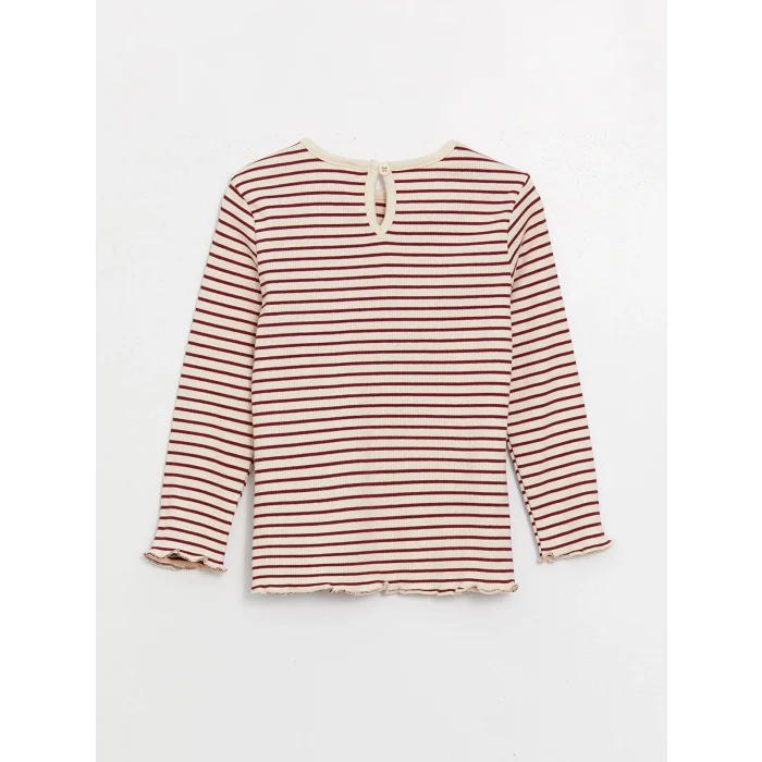 LCW baby Kırmızı Bisiklet Yaka Uzun Kollu Çizgili Kız Bebek Tişört
