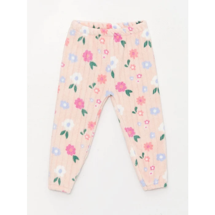 LCW baby Pembe Bisiklet Yaka Uzun Kollu Desenli Pelüş Kız Bebek Pijama Takımı