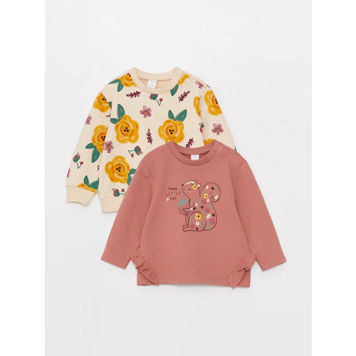 LCW baby Ekru Bisiklet Yaka Uzun Kollu Baskılı Kız Bebek Sweatshirt 2li