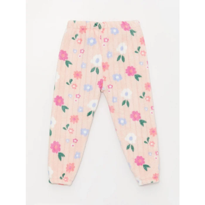 LCW baby Pembe Bisiklet Yaka Uzun Kollu Desenli Pelüş Kız Bebek Pijama Takımı