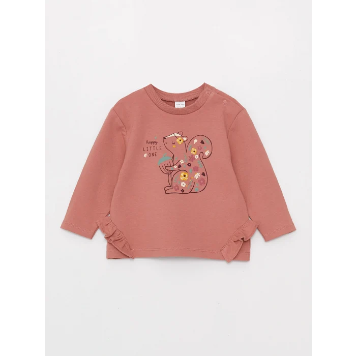 LCW baby Ekru Bisiklet Yaka Uzun Kollu Baskılı Kız Bebek Sweatshirt 2li