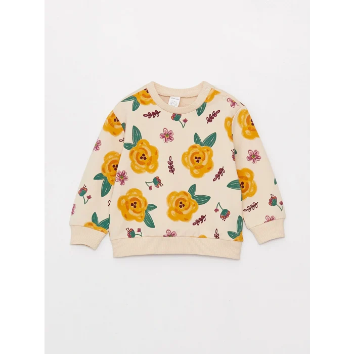 LCW baby Ekru Bisiklet Yaka Uzun Kollu Baskılı Kız Bebek Sweatshirt 2li