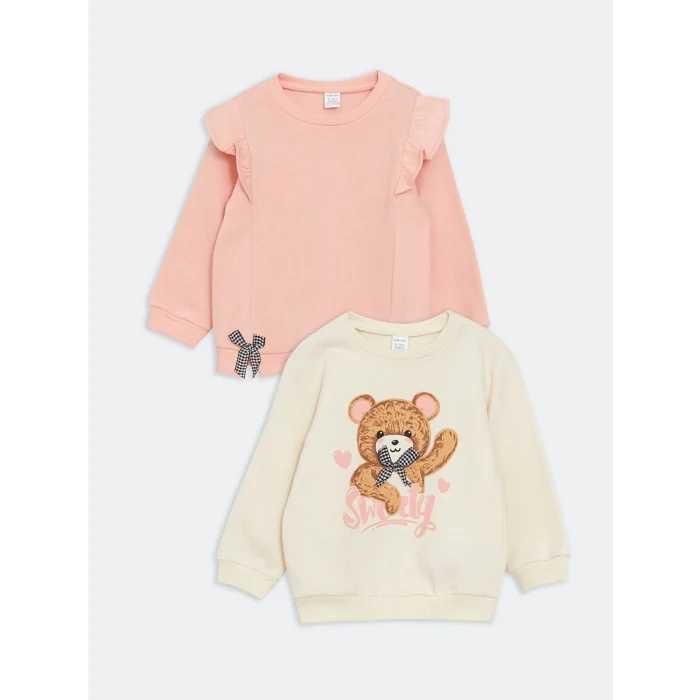LCW baby Pembe Bisiklet Yaka Baskılı Kız Bebek Sweatshirt 2li