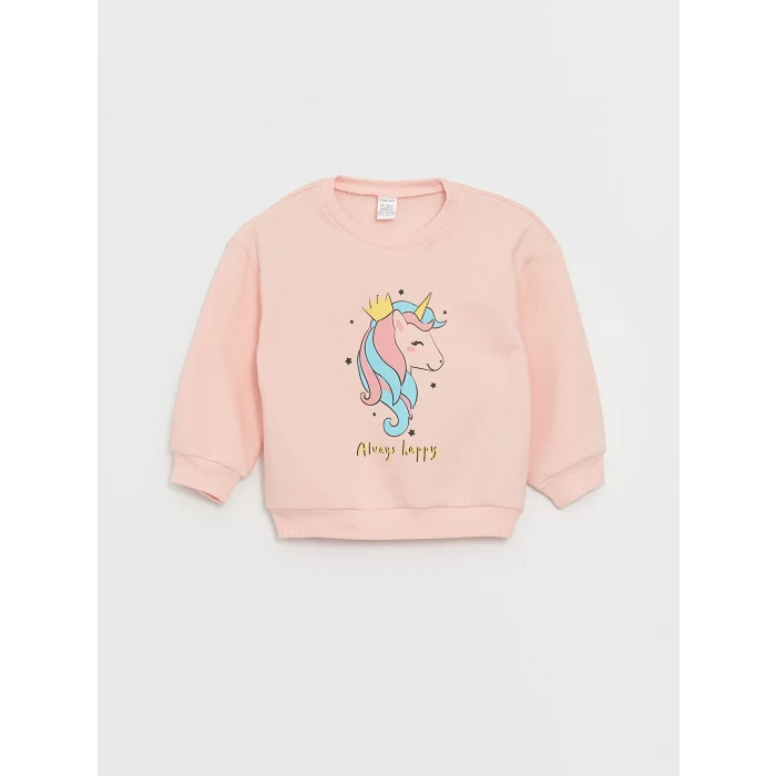 LCW baby Pembe Bisiklet Yaka Uzun Kollu Baskılı Kız Bebek Sweatshirt