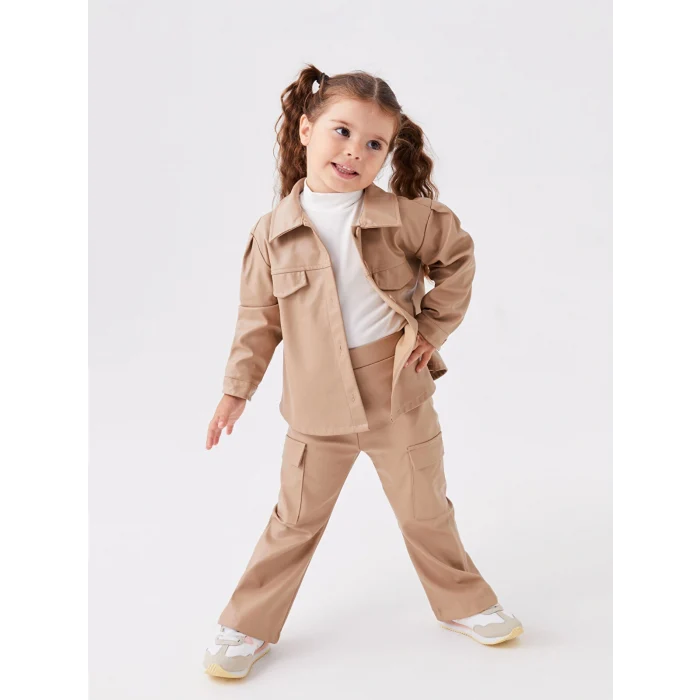 LCW baby Bej Deri Görünümlü Kız Bebek Kargo Pantolon