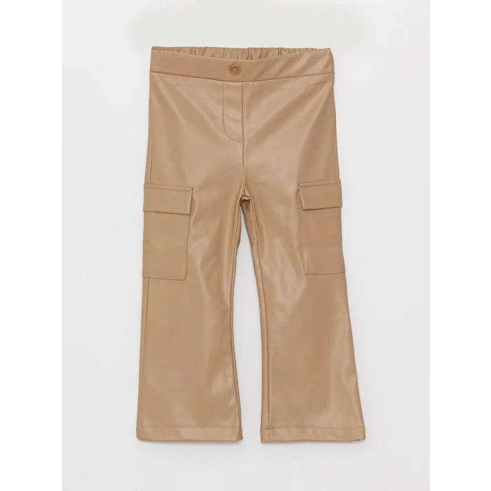 LCW baby Bej Deri Görünümlü Kız Bebek Kargo Pantolon