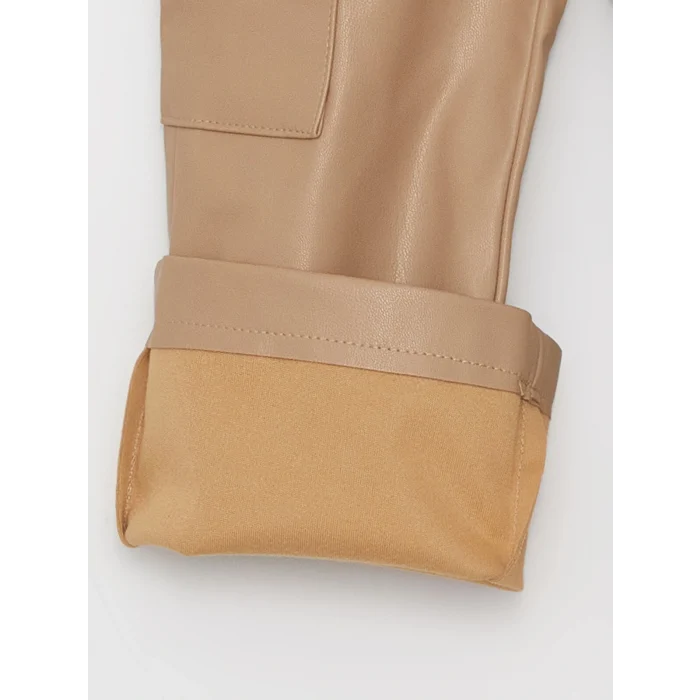 LCW baby Bej Deri Görünümlü Kız Bebek Kargo Pantolon