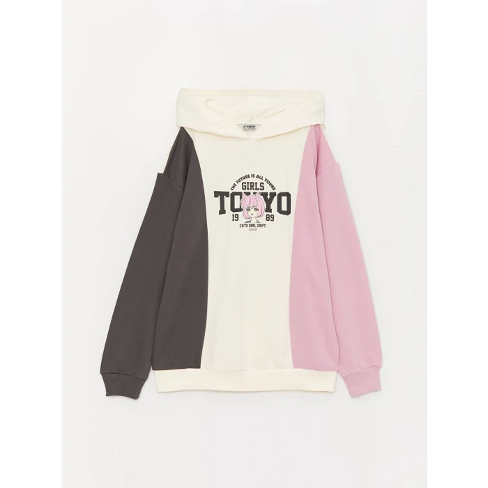 LCW Kids Ekru Baskılı Uzun Kollu Kız Çocuk Hoodie