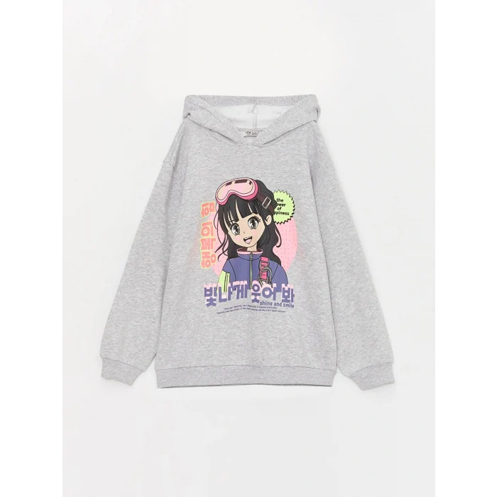 LCW Kids Gri Baskılı Uzun Kollu Kız Çocuk Hoodie
