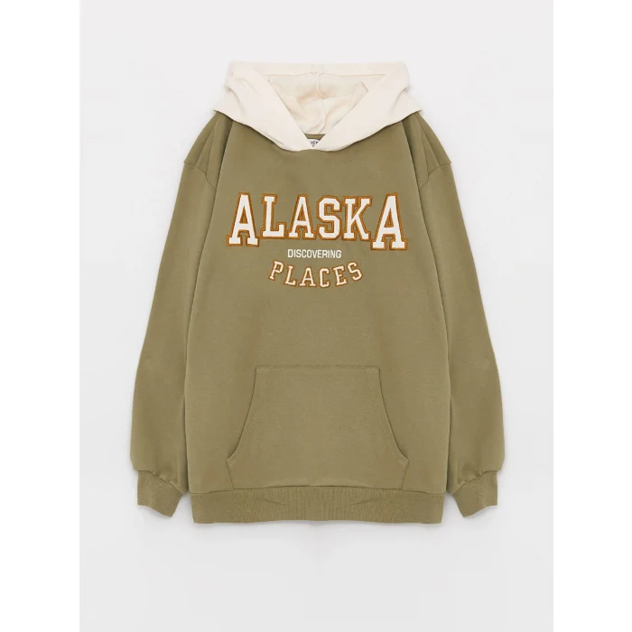 LCW Kids Haki Kapüşonlu Nakışlı Uzun Kollu Kız Çocuk Sweatshirt