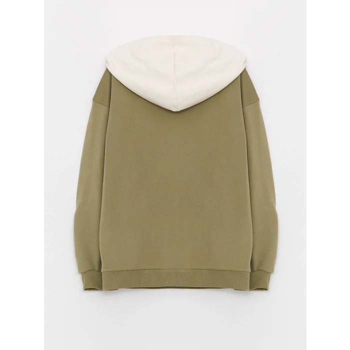 LCW Kids Haki Kapüşonlu Nakışlı Uzun Kollu Kız Çocuk Sweatshirt