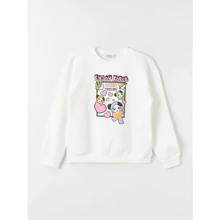 LCW Kids Ekru Bisiklet Yaka K-Pop Baskılı Uzun Kollu Kız Çocuk Sweatshirt
