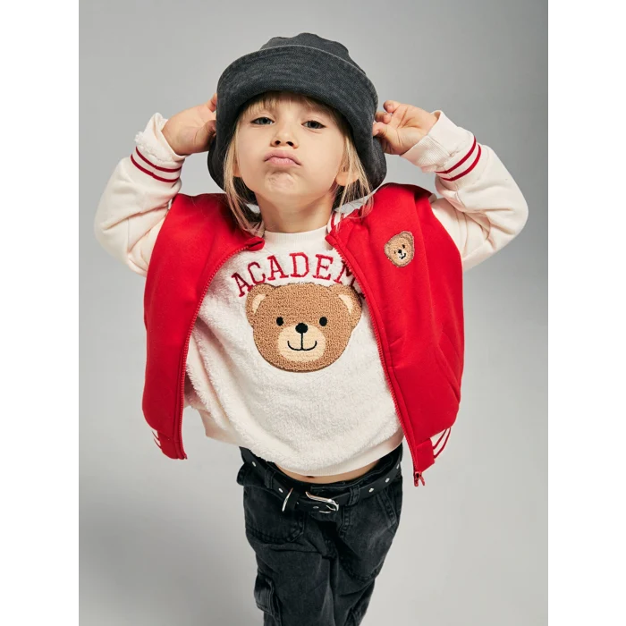 LCW Kids Pembe Bisiklet Yaka Ayı Teddy Nakışlı Kız Çocuk Sweatshirt