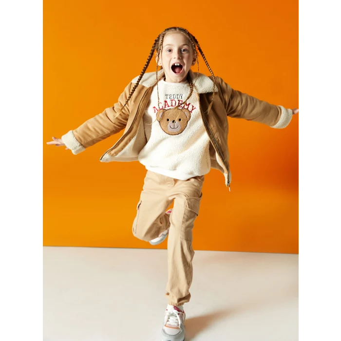 LCW Kids Pembe Bisiklet Yaka Ayı Teddy Nakışlı Kız Çocuk Sweatshirt