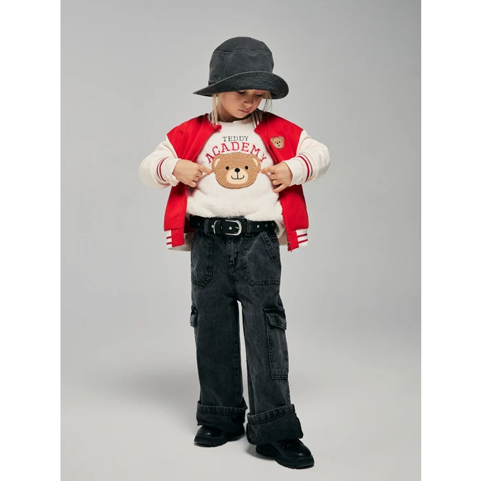 LCW Kids Pembe Bisiklet Yaka Ayı Teddy Nakışlı Kız Çocuk Sweatshirt