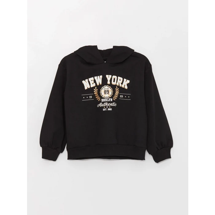 LCW Kids Siyah Kapüşonlu Baskılı Uzun Kollu Kız Çocuk Sweatshirt