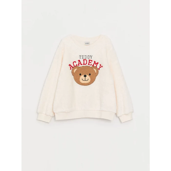 LCW Kids Pembe Bisiklet Yaka Ayı Teddy Nakışlı Kız Çocuk Sweatshirt