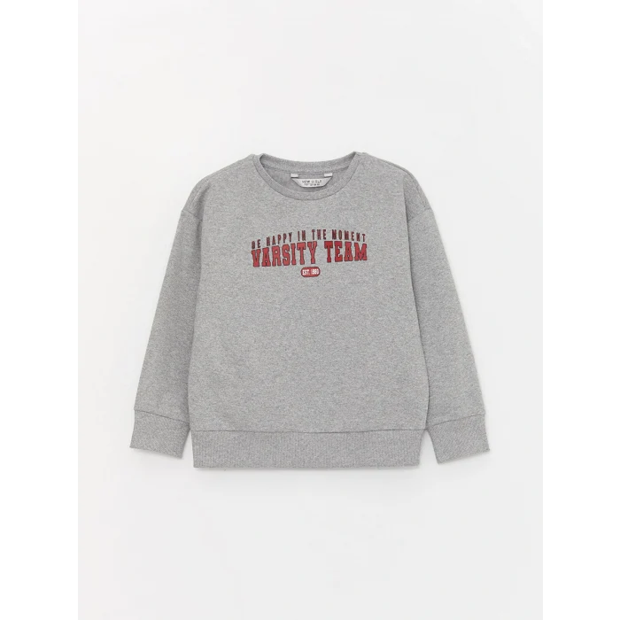 LCW Kids Gri Bisiklet Yaka Baskılı Uzun Kollu Kız Çocuk Sweatshirt