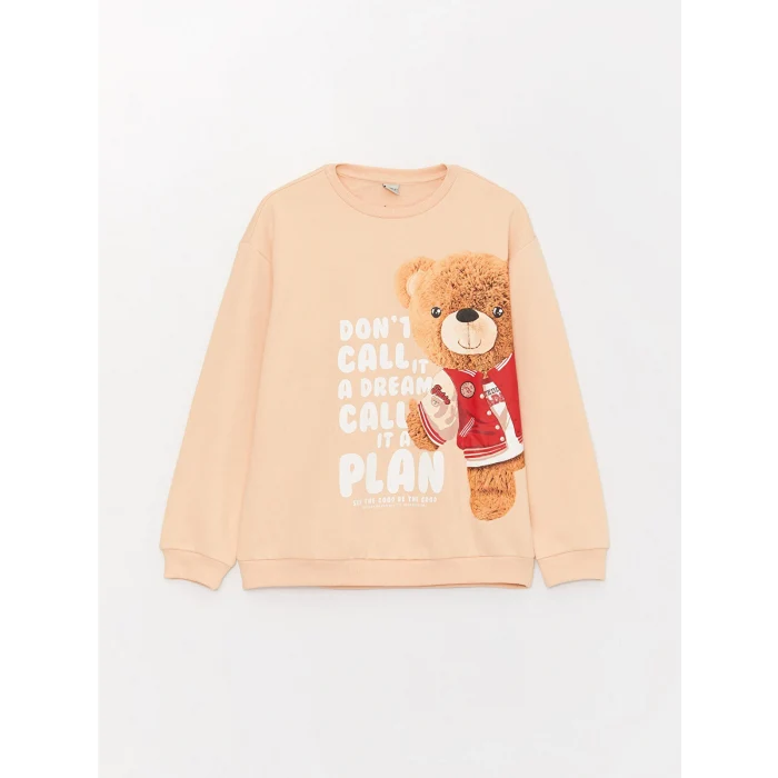 LCW Kids Pembe Bisiklet Yaka Baskılı Uzun Kollu Kız Çocuk Sweatshirt