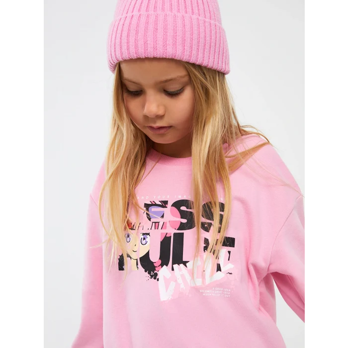 LCW Kids Pembe Bisiklet Yaka Baskılı Uzun Kollu Kız Çocuk Sweatshirt