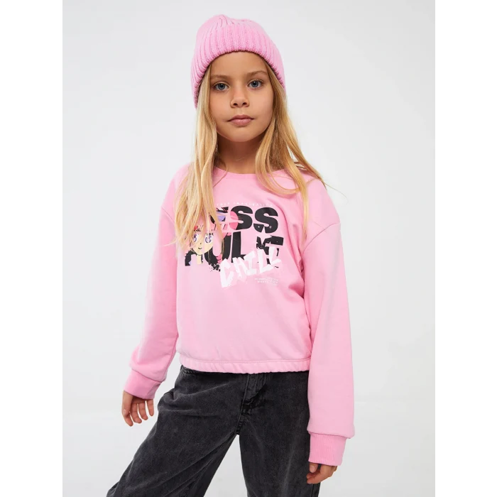 LCW Kids Pembe Bisiklet Yaka Baskılı Uzun Kollu Kız Çocuk Sweatshirt