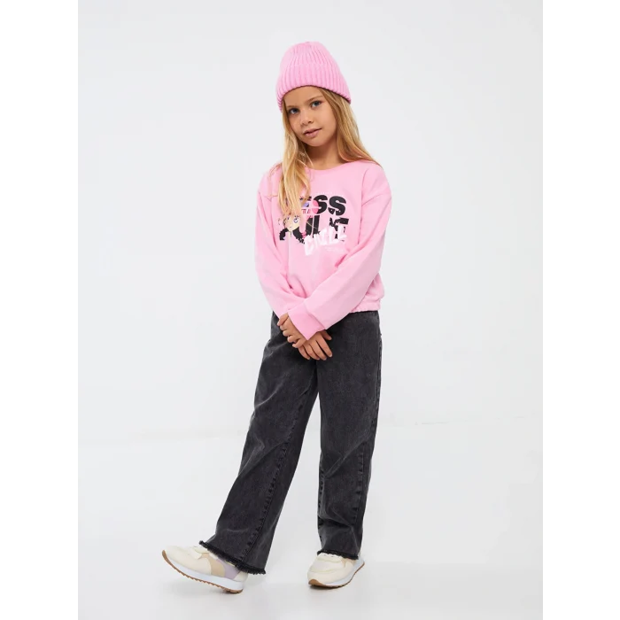 LCW Kids Pembe Bisiklet Yaka Baskılı Uzun Kollu Kız Çocuk Sweatshirt