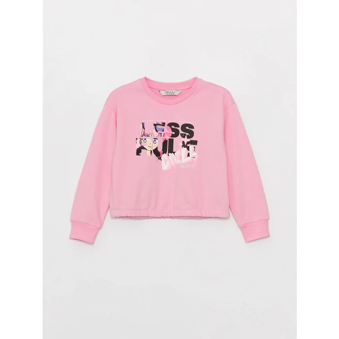 LCW Kids Pembe Bisiklet Yaka Baskılı Uzun Kollu Kız Çocuk Sweatshirt