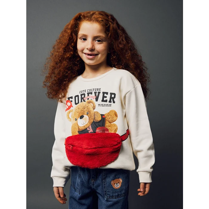 LCW Kids Pembe Bisiklet Yaka Baskılı Uzun Kollu Kız Çocuk Sweatshirt