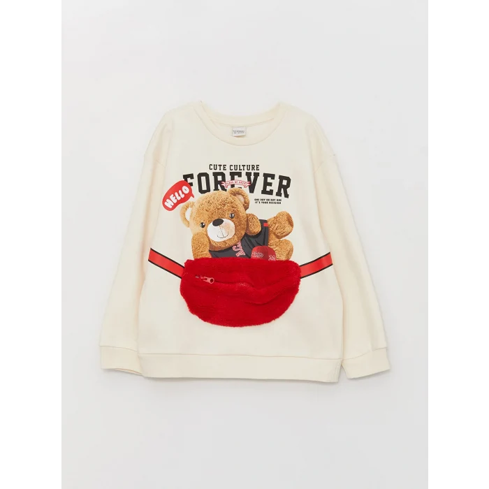 LCW Kids Pembe Bisiklet Yaka Baskılı Uzun Kollu Kız Çocuk Sweatshirt