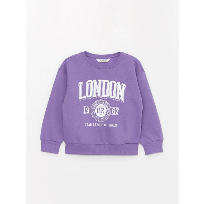 LCW Kids Mor Bisiklet Yaka Baskılı Uzun Kollu Kız Çocuk Sweatshirt