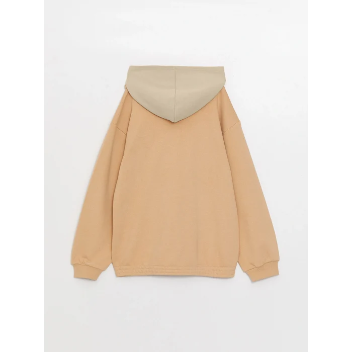 LCW Kids Bej Kapüşonlu Baskılı Uzun Kollu Kız Çocuk Sweatshirt