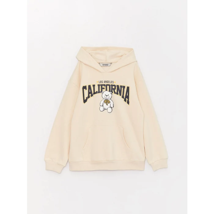 LCW Kids Bej Baskılı Uzun Kollu Kız Çocuk Hoodie