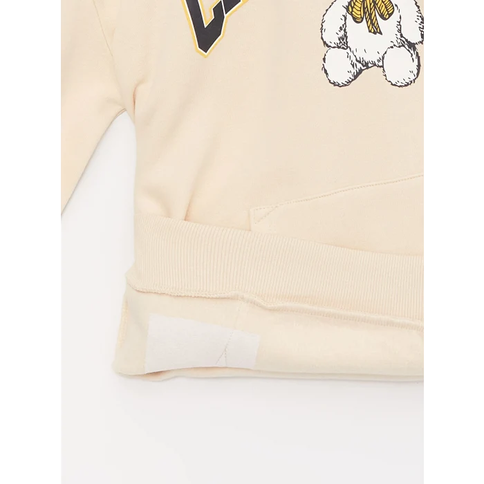 LCW Kids Bej Baskılı Uzun Kollu Kız Çocuk Hoodie
