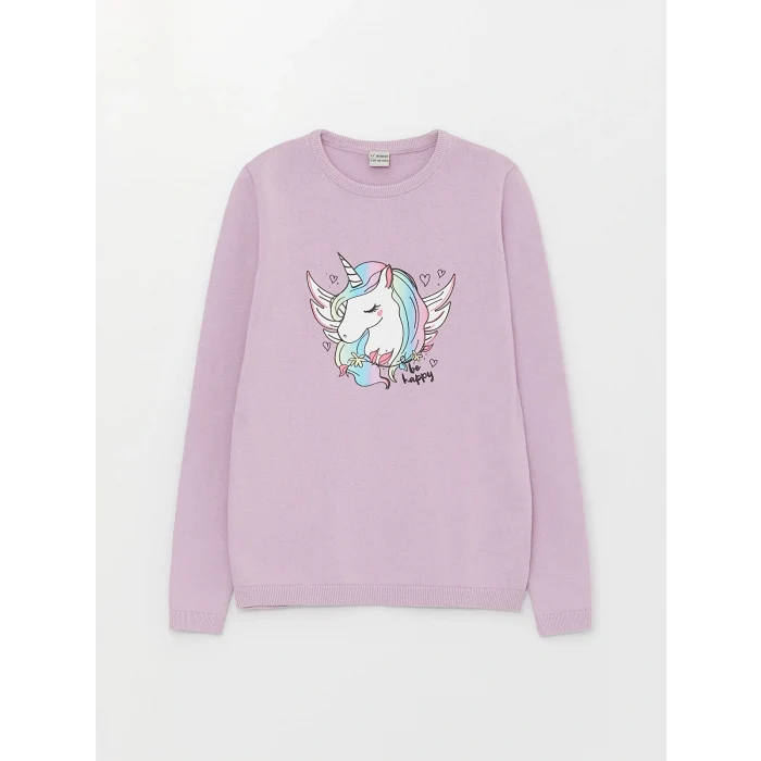 LCW Kids Lila Bisiklet Yaka Baskılı Uzun Kollu Kız Çocuk Triko Kazak