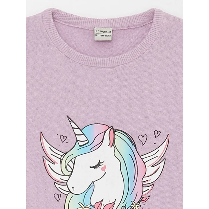 LCW Kids Lila Bisiklet Yaka Baskılı Uzun Kollu Kız Çocuk Triko Kazak