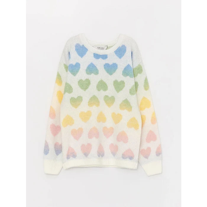 LCW Kids Ekru Bisiklet Yaka Desenli Uzun Kollu Kız Çocuk Triko Kazak