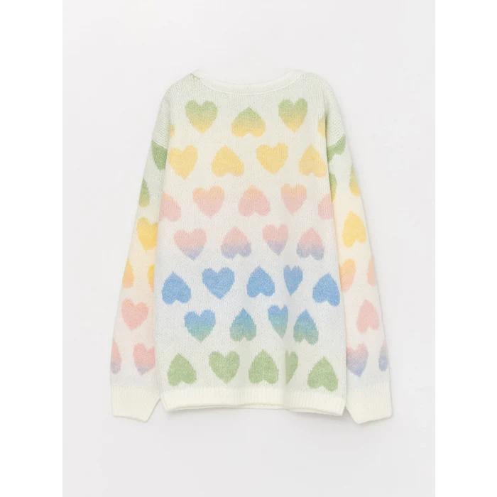 LCW Kids Ekru Bisiklet Yaka Desenli Uzun Kollu Kız Çocuk Triko Kazak