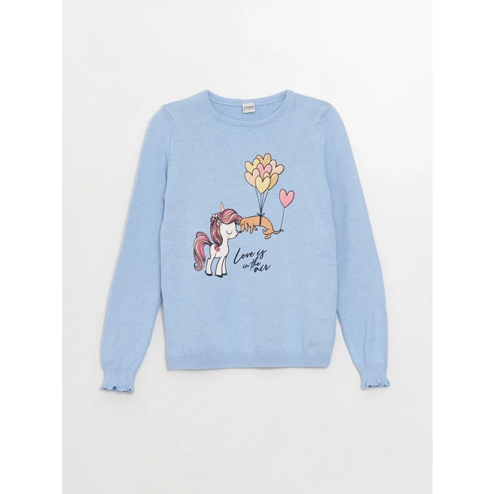 LCW Kids Mavi Bisiklet Yaka Baskılı Uzun Kollu Kız Çocuk Triko Kazak