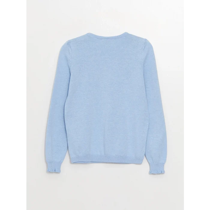 LCW Kids Mavi Bisiklet Yaka Baskılı Uzun Kollu Kız Çocuk Triko Kazak