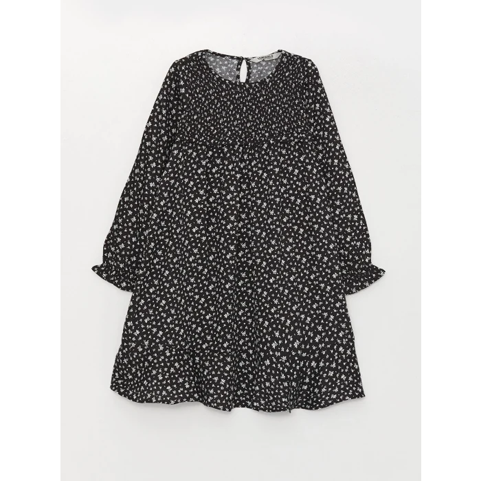 LCW Kids Siyah Bisiklet Yaka Desenli Uzun Kollu Kız Çocuk Elbise