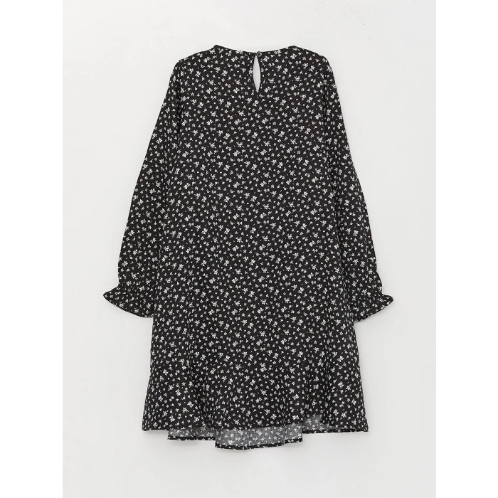 LCW Kids Siyah Bisiklet Yaka Desenli Uzun Kollu Kız Çocuk Elbise