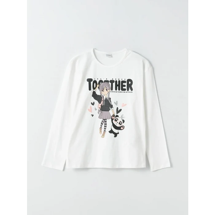 LCW Kids Ekru Bisiklet Yaka Baskılı Uzun Kollu Kız Çocuk Tişört