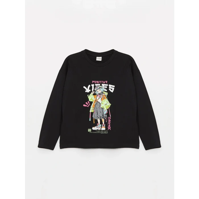 LCW Kids Siyah Bisiklet Yaka Baskılı Uzun Kollu Kız Çocuk Tişört