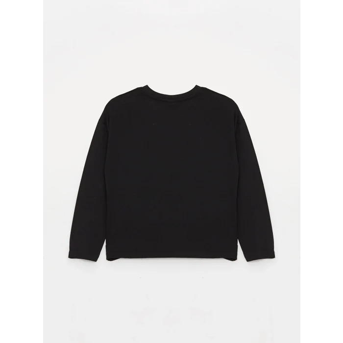 LCW Kids Siyah Bisiklet Yaka Baskılı Uzun Kollu Kız Çocuk Tişört